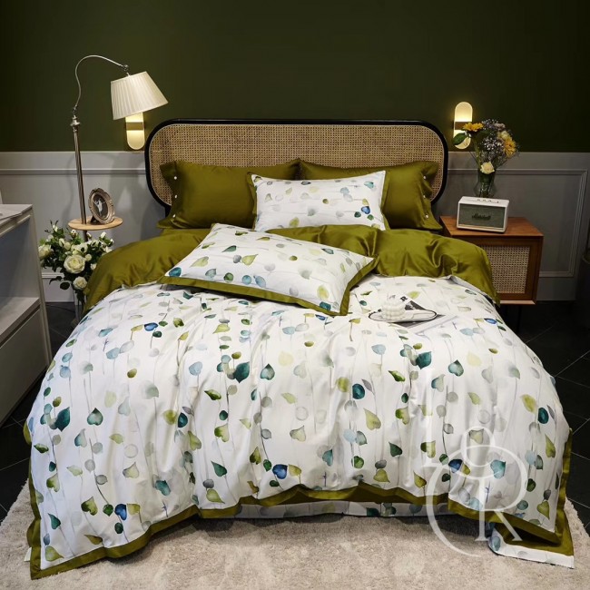 Элитное постельное белье из египетского хлопка, оливково-белый комплект с акварельными листьями, Полуторный