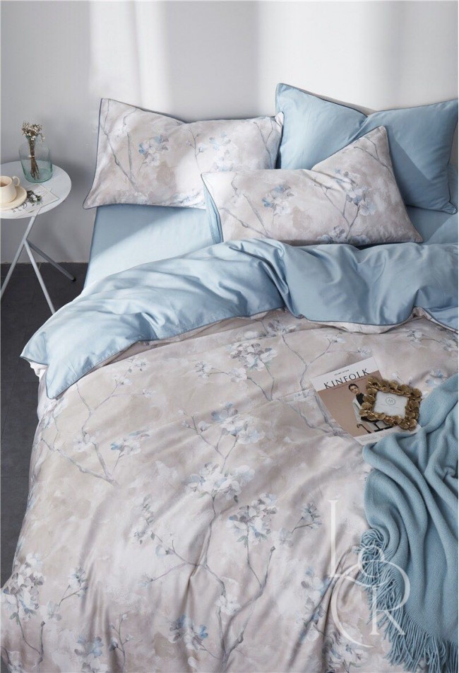 Элитное постельное белье из египетского хлопка «Серо-голубая акварель»,  Полуторный