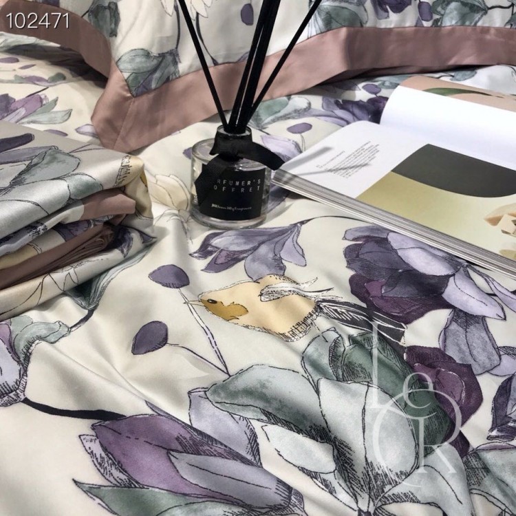 Тенсел (Эвкалиптовое волокно) Пудровый с лиловыми цветами - Код товару 52309