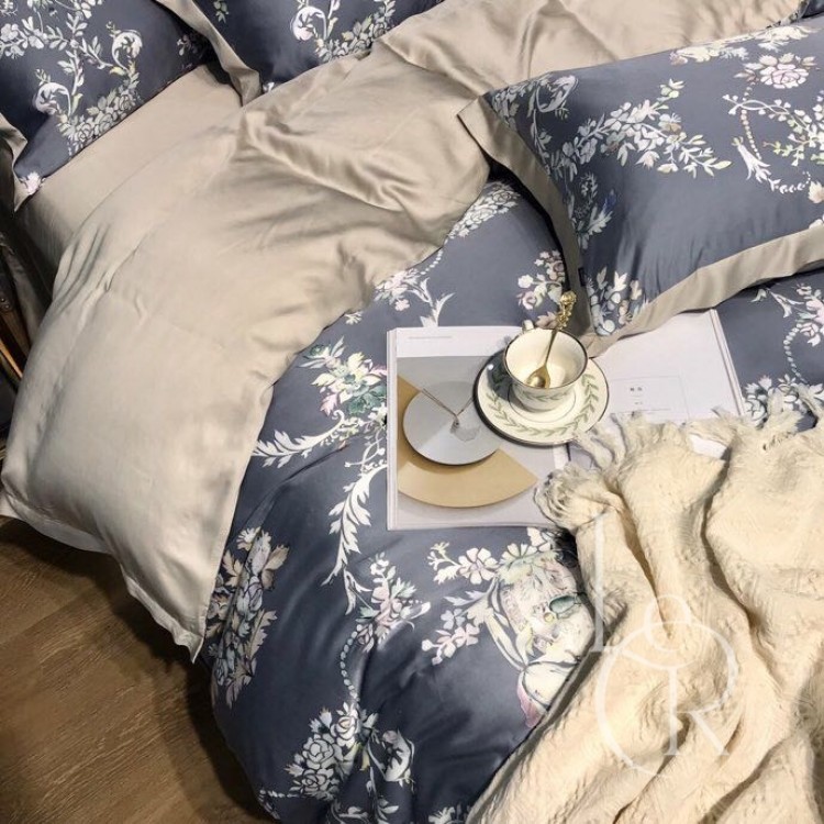 Тенсел (Евкаліптове волокно) Графітовий з квітковим орнаментом - Код товару 52205