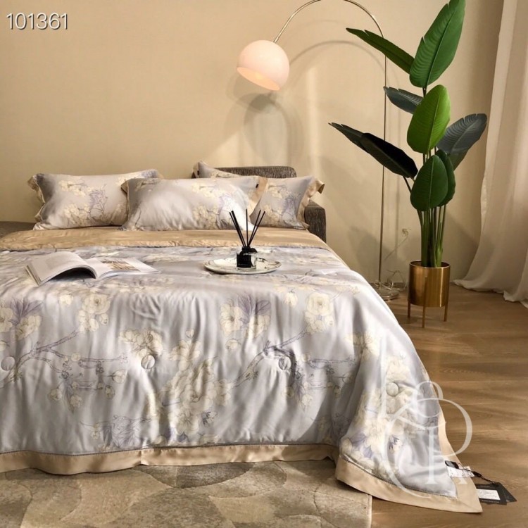 Літня ковдра Тенсел (Евкаліпт) Ніжно-блакитна з квітами+набір - Код товару 92227