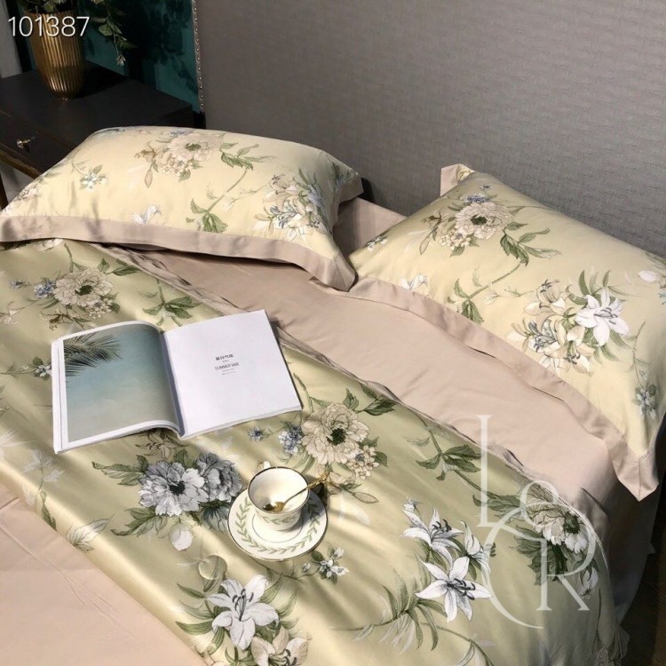Летнее одеяло Тенсель (Эвкалипт) Лимонно-бежевое с цветами - Код товара 92237