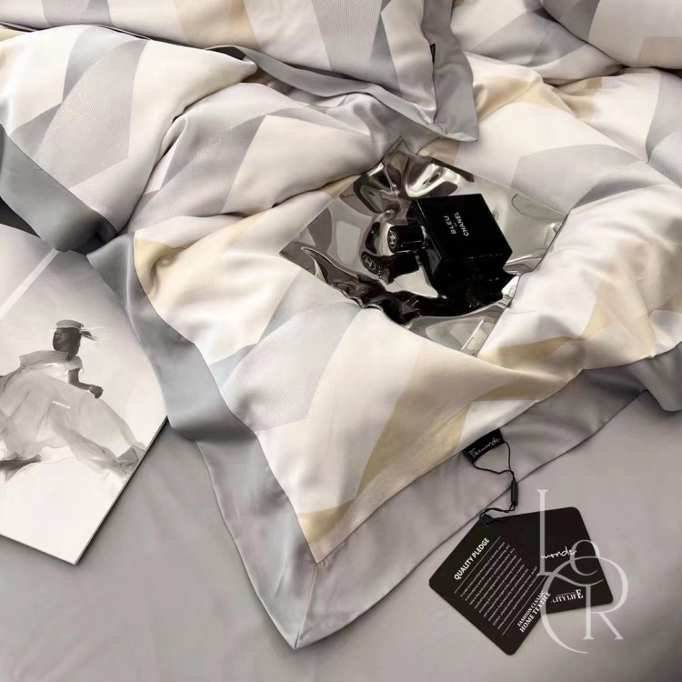 Элитное постельное белье из ткани Tencel «Геометрические волны», серо-персиковый комплект - Код товара 101483