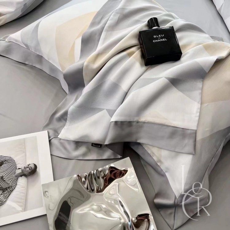 Элитное постельное белье из ткани Tencel «Геометрические волны», серо-персиковый комплект - Код товара 101483