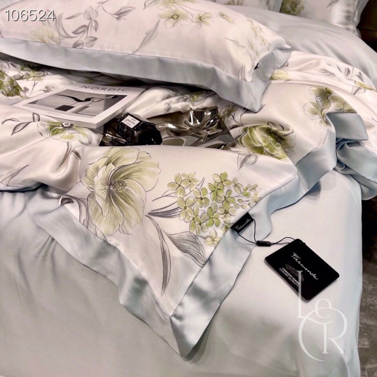 Элитное постельное белье из ткани Tencel «Бронзовые соцветия», комплект в нежно-голубых и молочных тонах - Код товара 101543