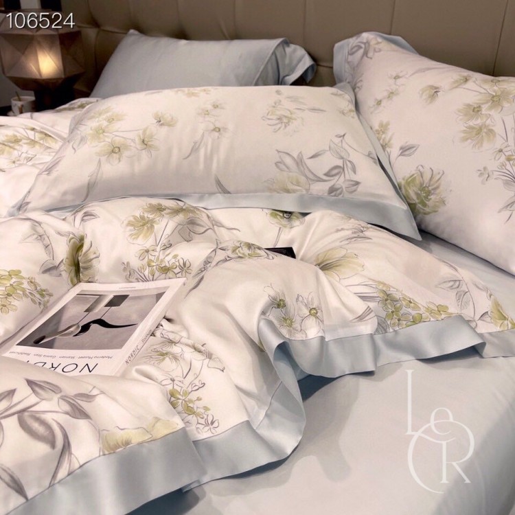 Элитное постельное белье из ткани Tencel «Бронзовые соцветия», комплект в нежно-голубых и молочных тонах - Код товара 101543