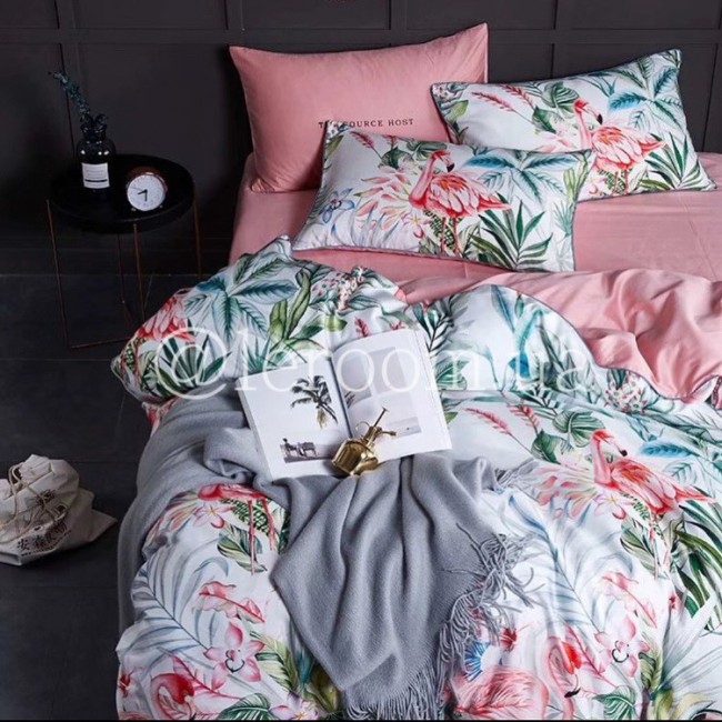 Египетский хлопок Белый с розовым фламинго