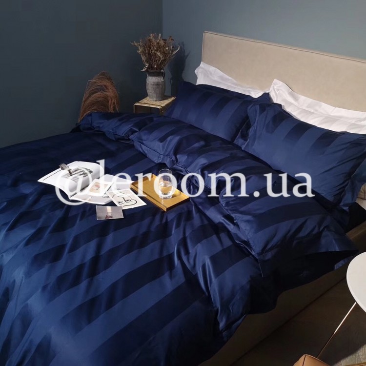 Египетский хлопок Синий жаккард с атласными полосками - Код товару DT1004