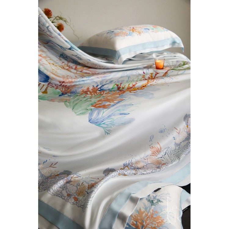 Элитное постельное белье из ткани Tencel «Морская акварель», бело-голубой комплект - Код товара 110273